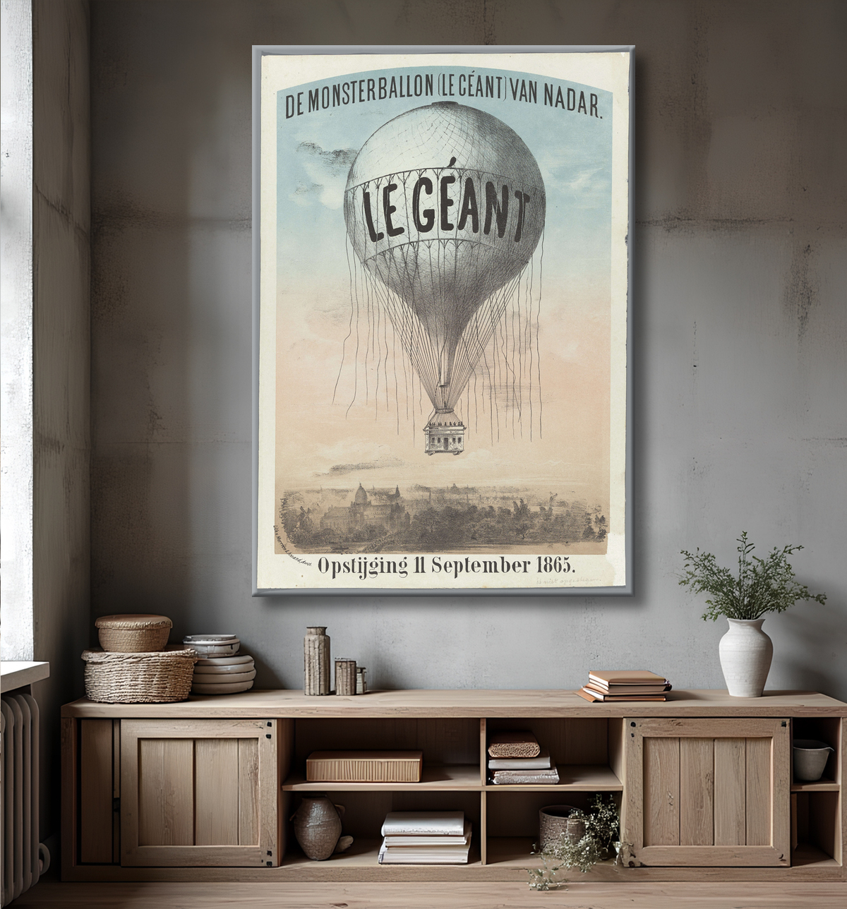 Reproduction Le Monstre Ballon (Le Géant) de Nadar. Ascension le 11 septembre 1865 de Morriën & Amand avec decor