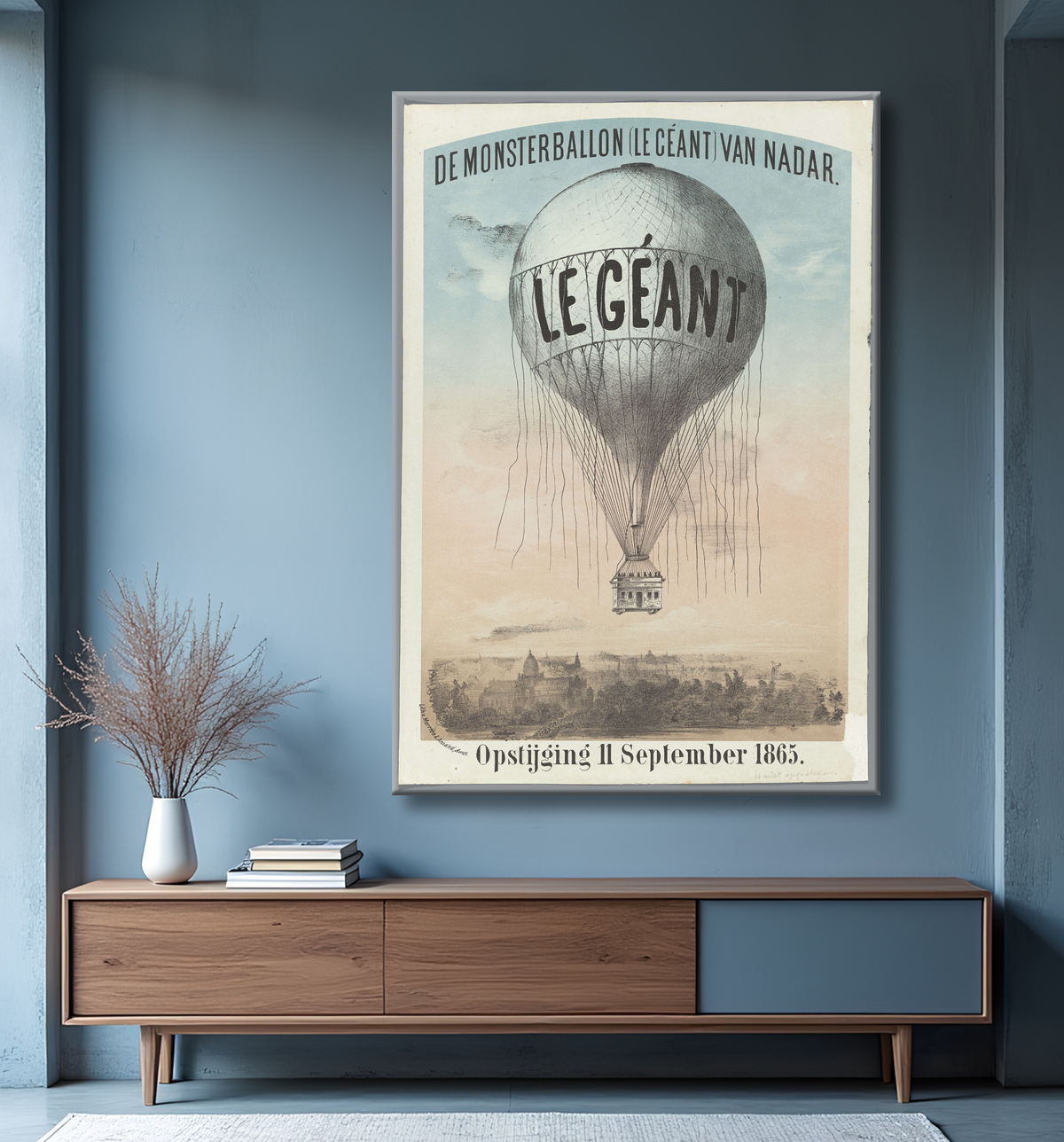 Reproduction Le Monstre Ballon (Le Géant) de Nadar. Ascension le 11 septembre 1865 de Morriën & Amand avec decor