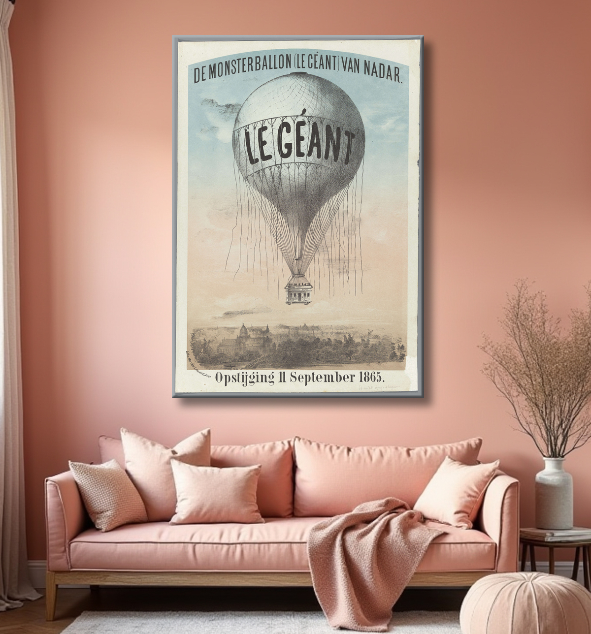 Reproduction Le Monstre Ballon (Le Géant) de Nadar. Ascension le 11 septembre 1865 de Morriën & Amand avec decor