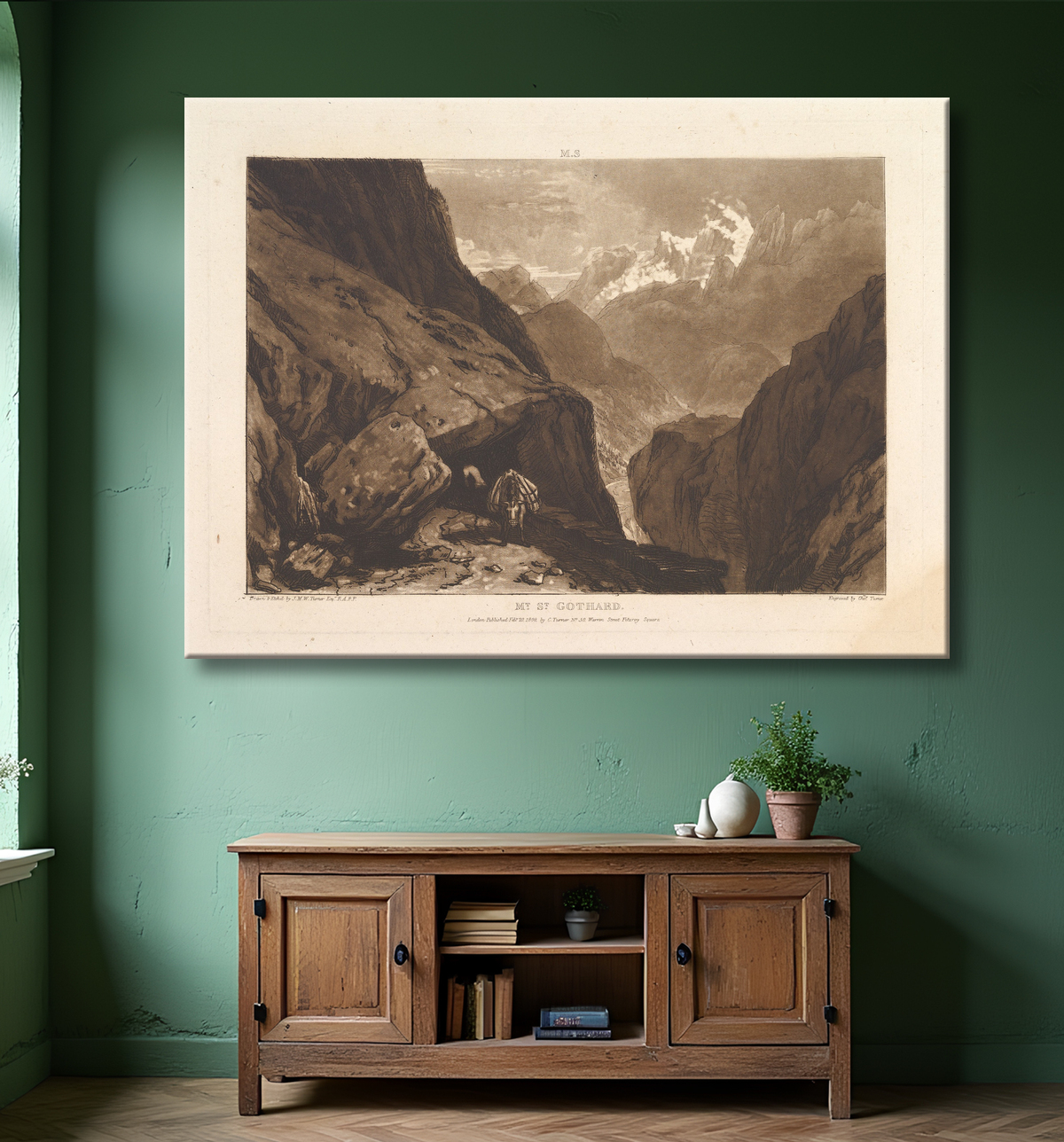 Reproduction le mont. St. Gothard (Les études du livre, partie 2 planche 9) de Joseph Mallord William Turner avec decor