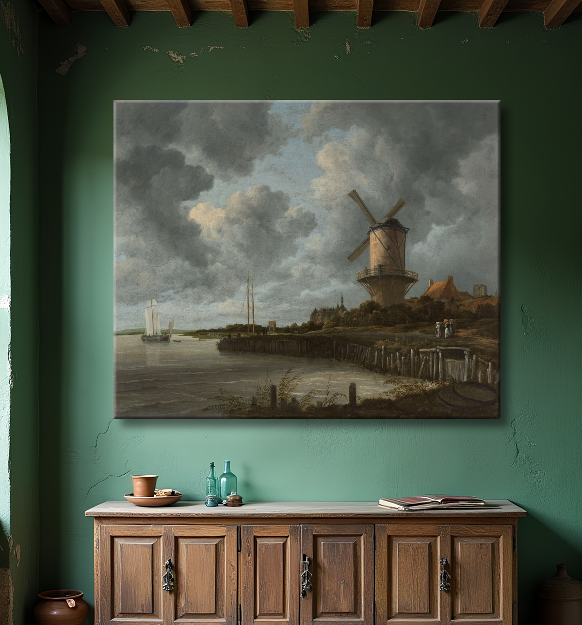 Reproduction Le moulin à vent de Wijk bij Duurstede de Jacob Isaacksz van Ruisdael avec decor