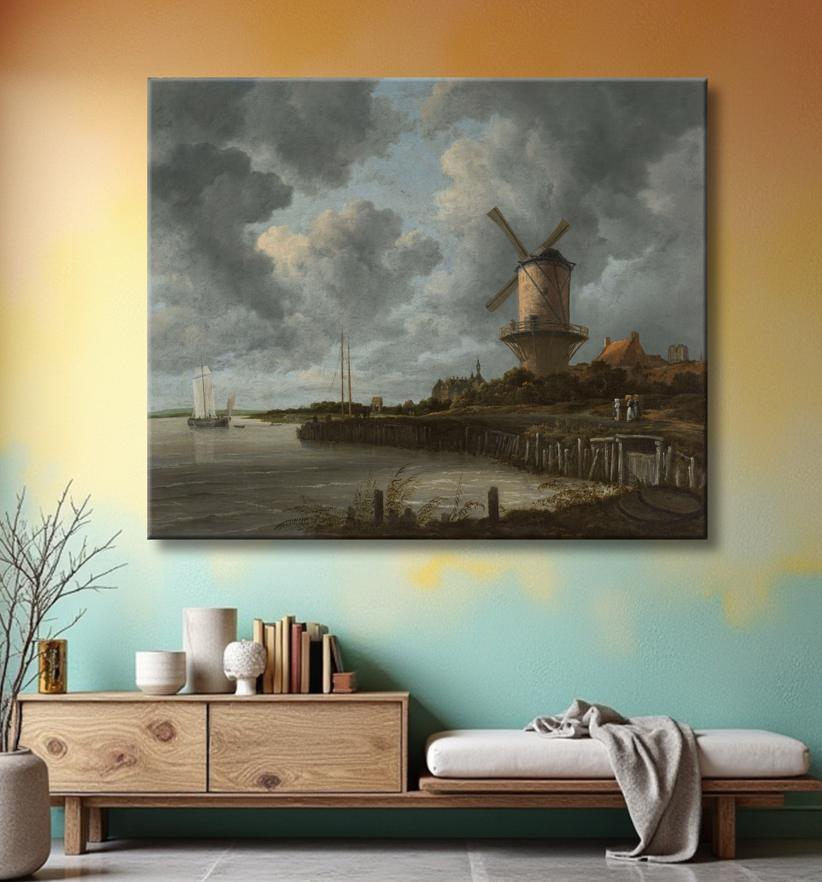 Reproduction Le moulin à vent de Wijk bij Duurstede de Jacob Isaacksz van Ruisdael avec decor
