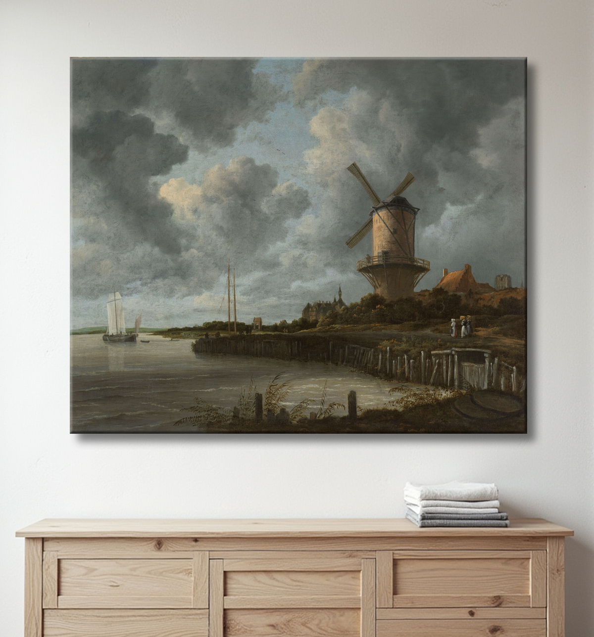 Reproduction Le moulin à vent de Wijk bij Duurstede de Jacob Isaacksz van Ruisdael avec decor