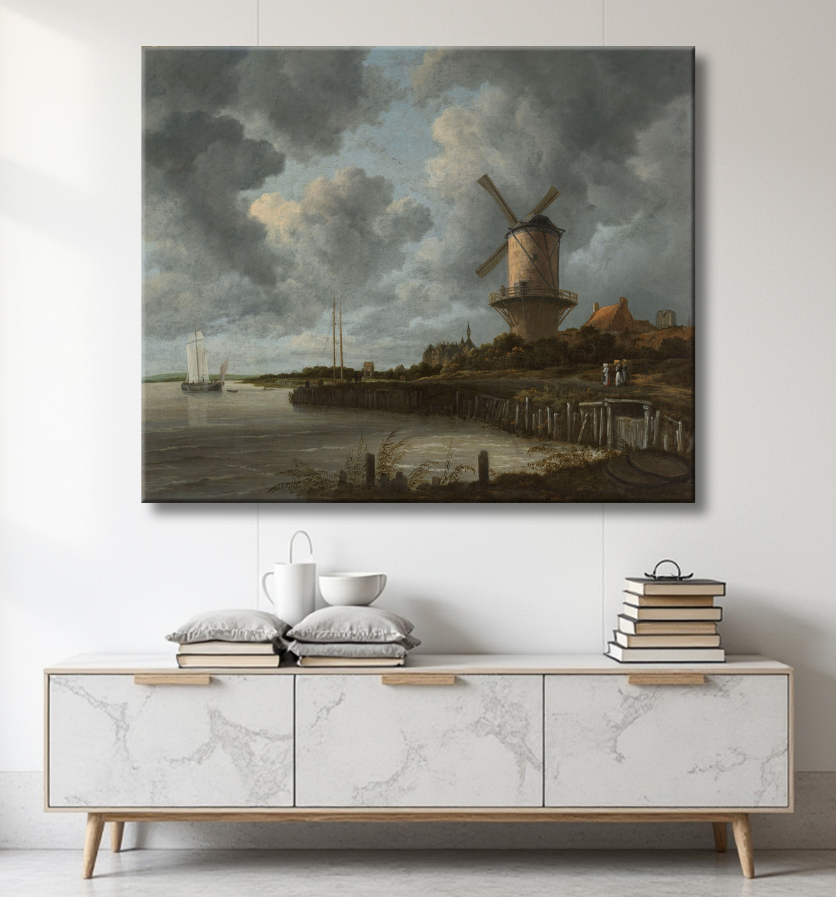 Reproduction Le moulin à vent de Wijk bij Duurstede de Jacob Isaacksz van Ruisdael avec decor