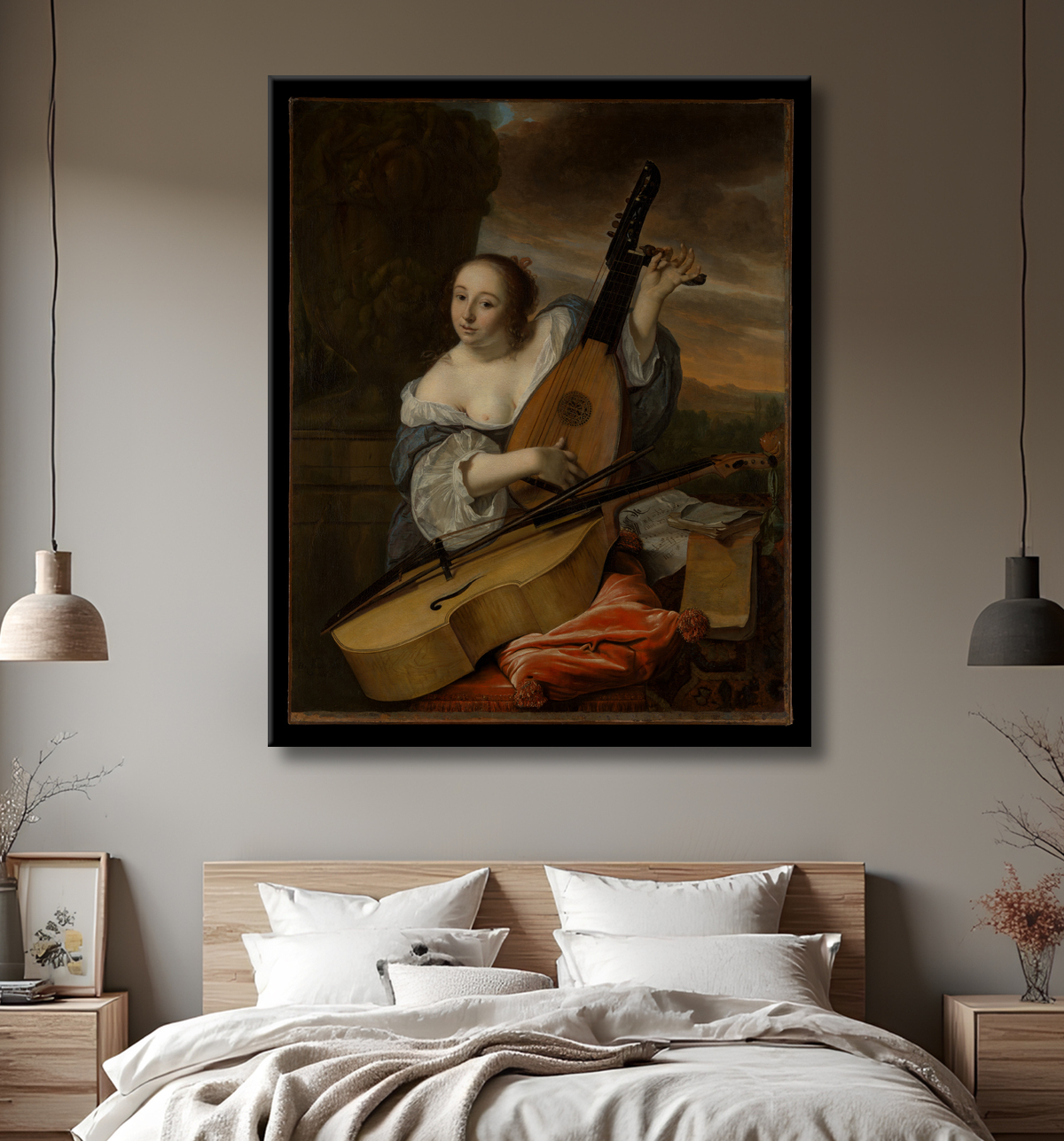 Reproduction Le musicien de Bartholomeus van der Helst avec decor