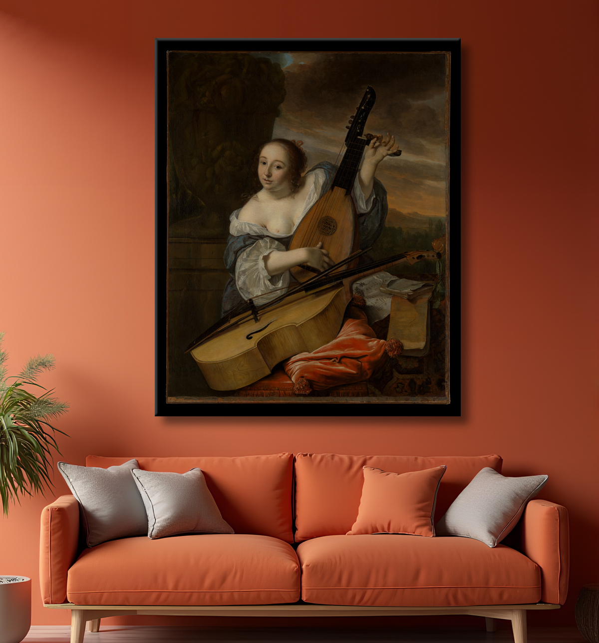 Reproduction Le musicien de Bartholomeus van der Helst avec decor
