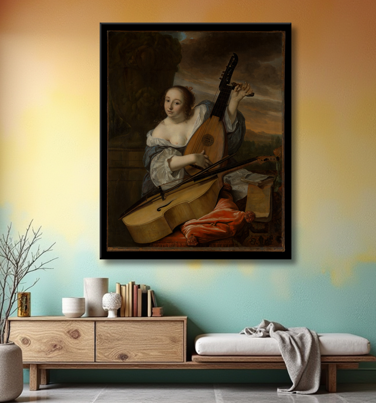 Reproduction Le musicien de Bartholomeus van der Helst avec decor