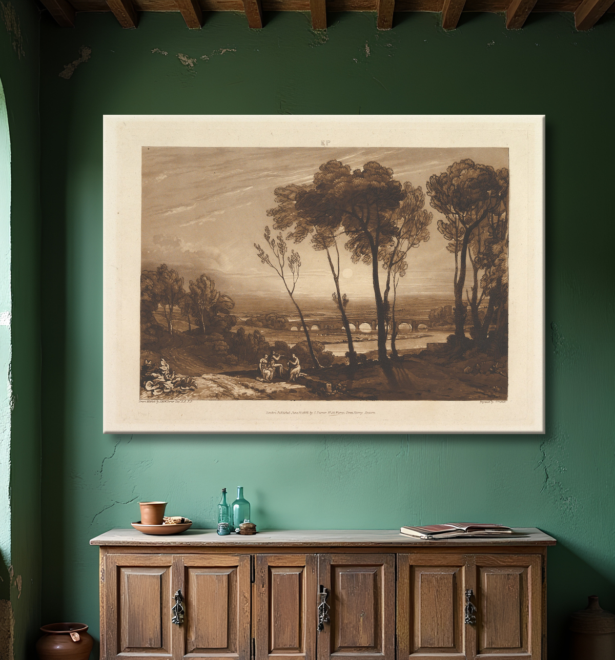 Reproduction Le pont en demi-fond (Liber Studiorum, partie III, planche 13) de Joseph Mallord William Turner avec decor