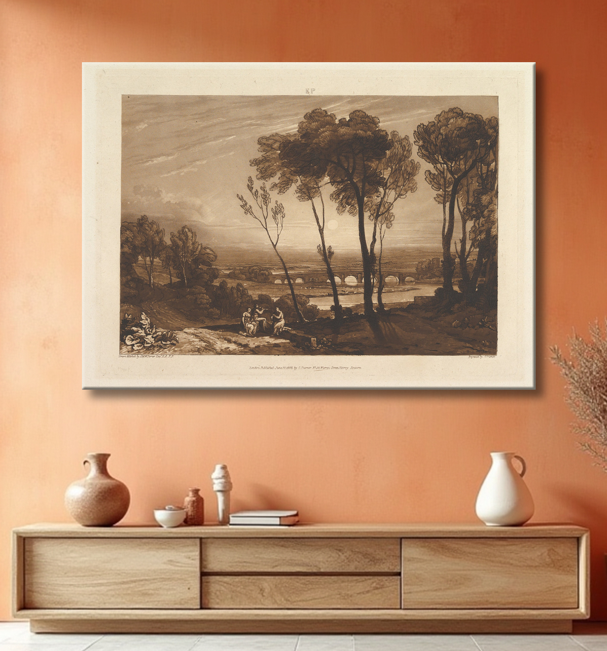 Reproduction Le pont en demi-fond (Liber Studiorum, partie III, planche 13) de Joseph Mallord William Turner avec decor