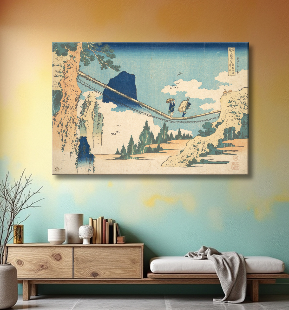 Reproduction Le pont suspendu à la frontière des provinces de Hida et d'Etchū (Hietsu no sakai tsuribashi), de la série Vues remarquables des ponts dans diverses provinces (Shokoku meikyō kiran) de Katsushika Hokusai avec decor