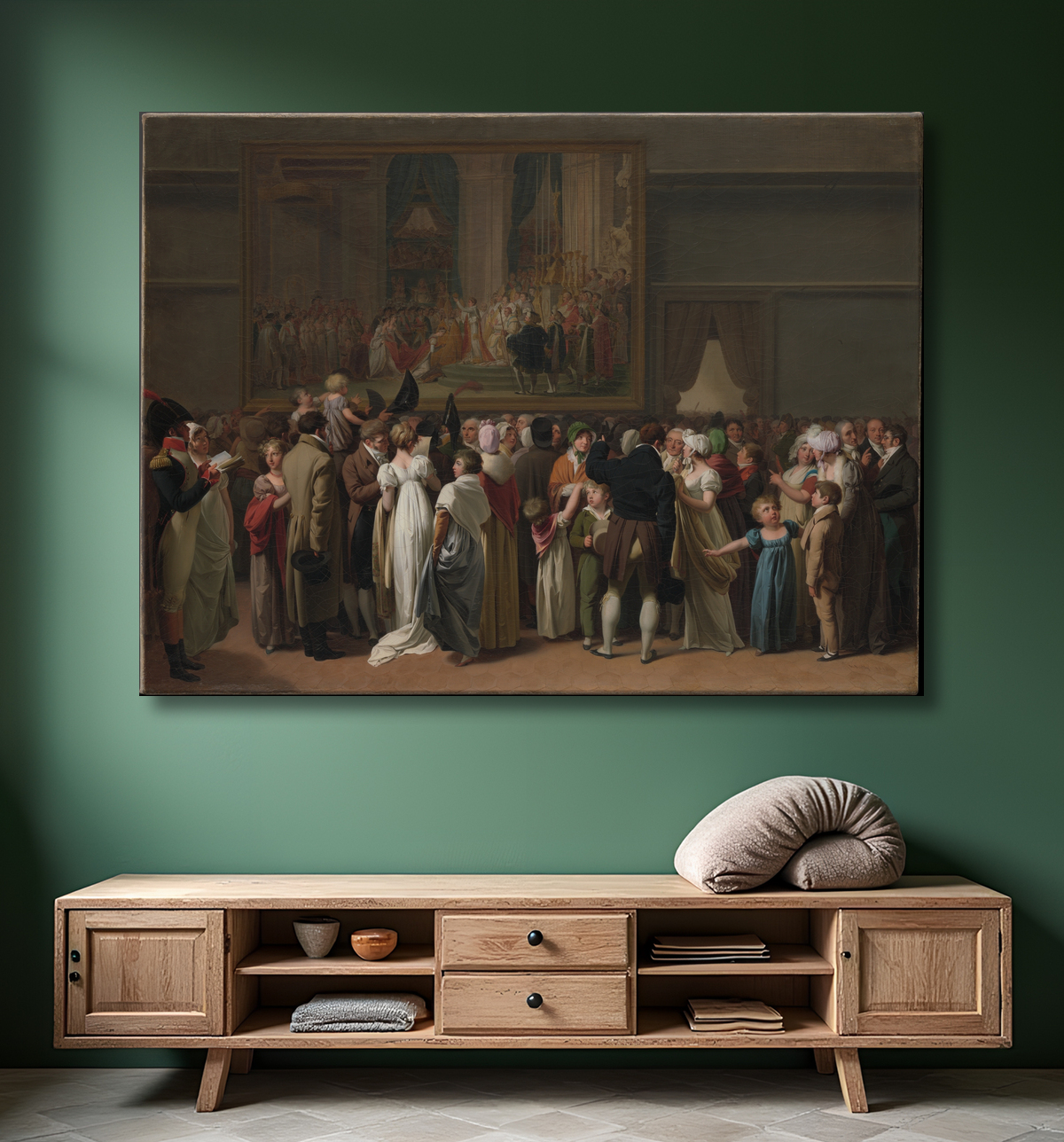 Affiche encadrée fine art premium fabriquée en France ou toile imprimée. Le public regarde le « Couronnement » de David au Louvre...