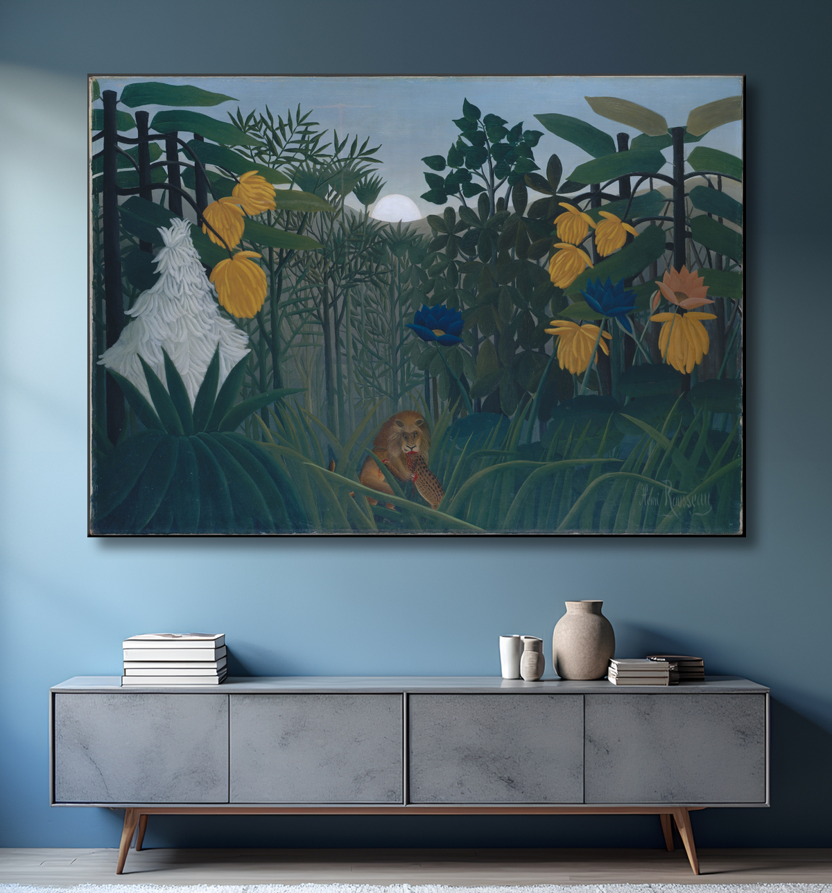 Reproduction Le Repas du Lion de Henri Rousseau (le Douanier) avec decor