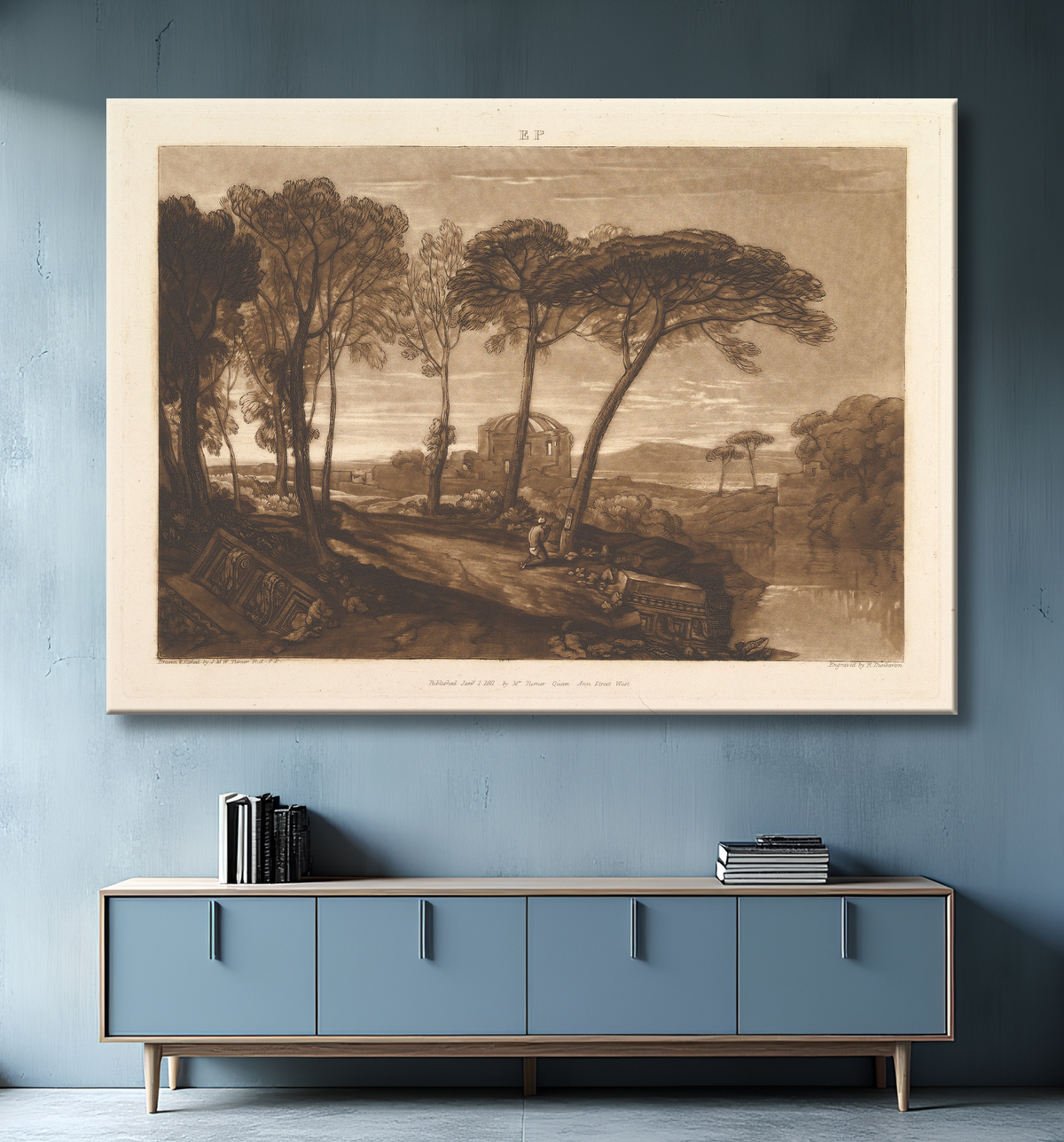 Reproduction Le Temple de Minerve Medica (Liber Studiorum, partie V, planche 23) de Joseph Mallord William Turner avec decor