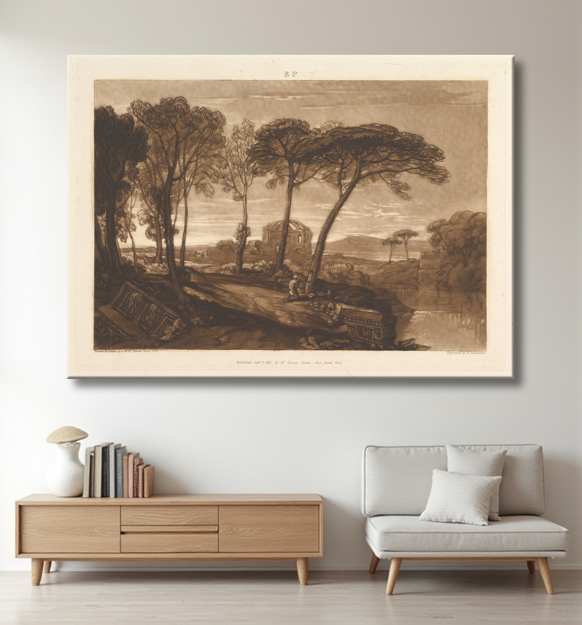 Reproduction Le Temple de Minerve Medica (Liber Studiorum, partie V, planche 23) de Joseph Mallord William Turner avec decor