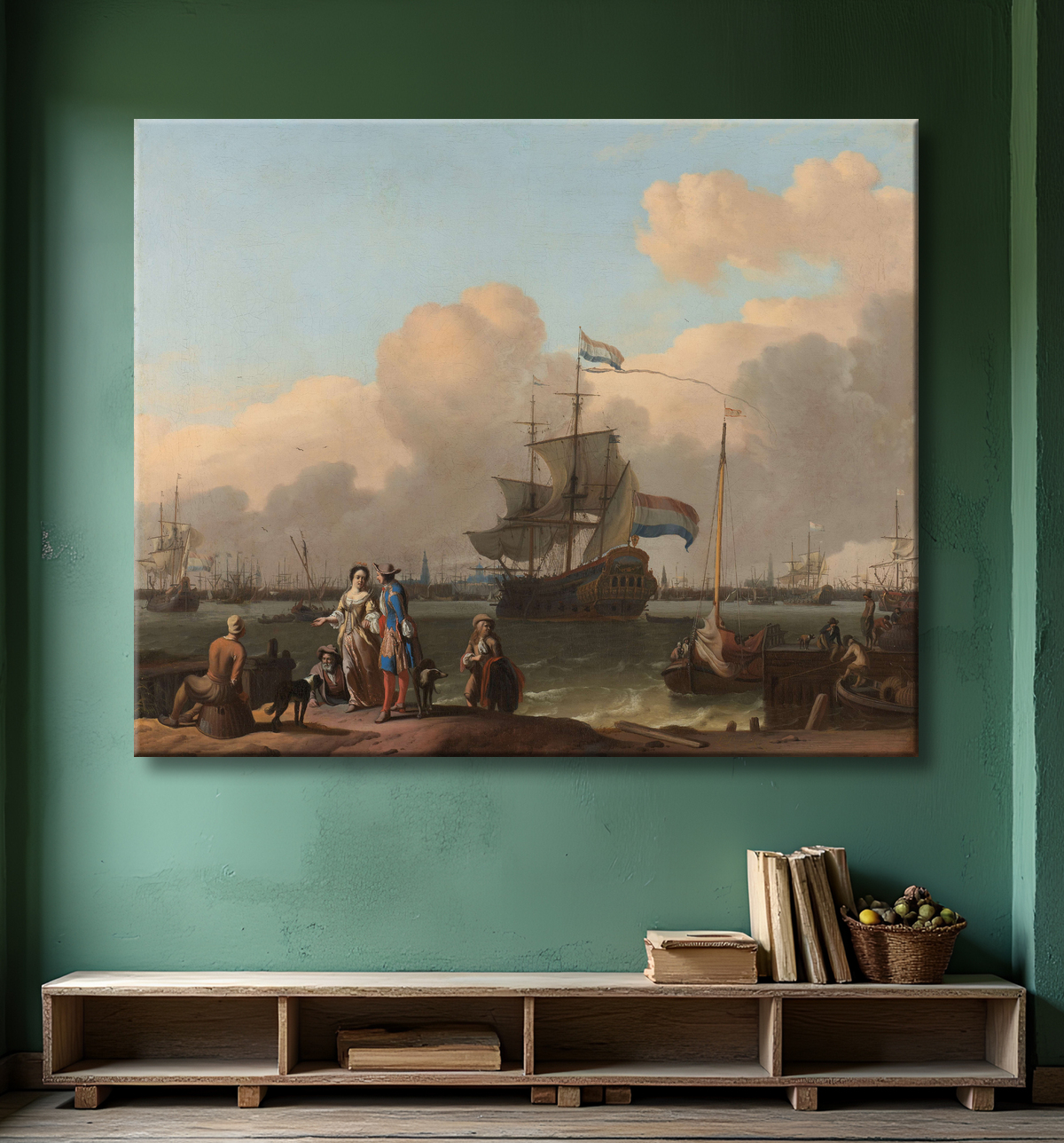 Reproduction Le Y à Amsterdam, avec la frégate 'De Ploeg' de Ludolf Bakhuysen avec decor