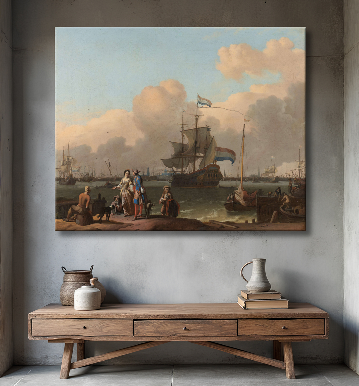 Reproduction Le Y à Amsterdam, avec la frégate 'De Ploeg' de Ludolf Bakhuysen avec decor