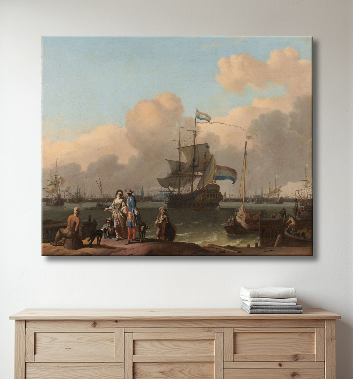 Reproduction Le Y à Amsterdam, avec la frégate 'De Ploeg' de Ludolf Bakhuysen avec decor