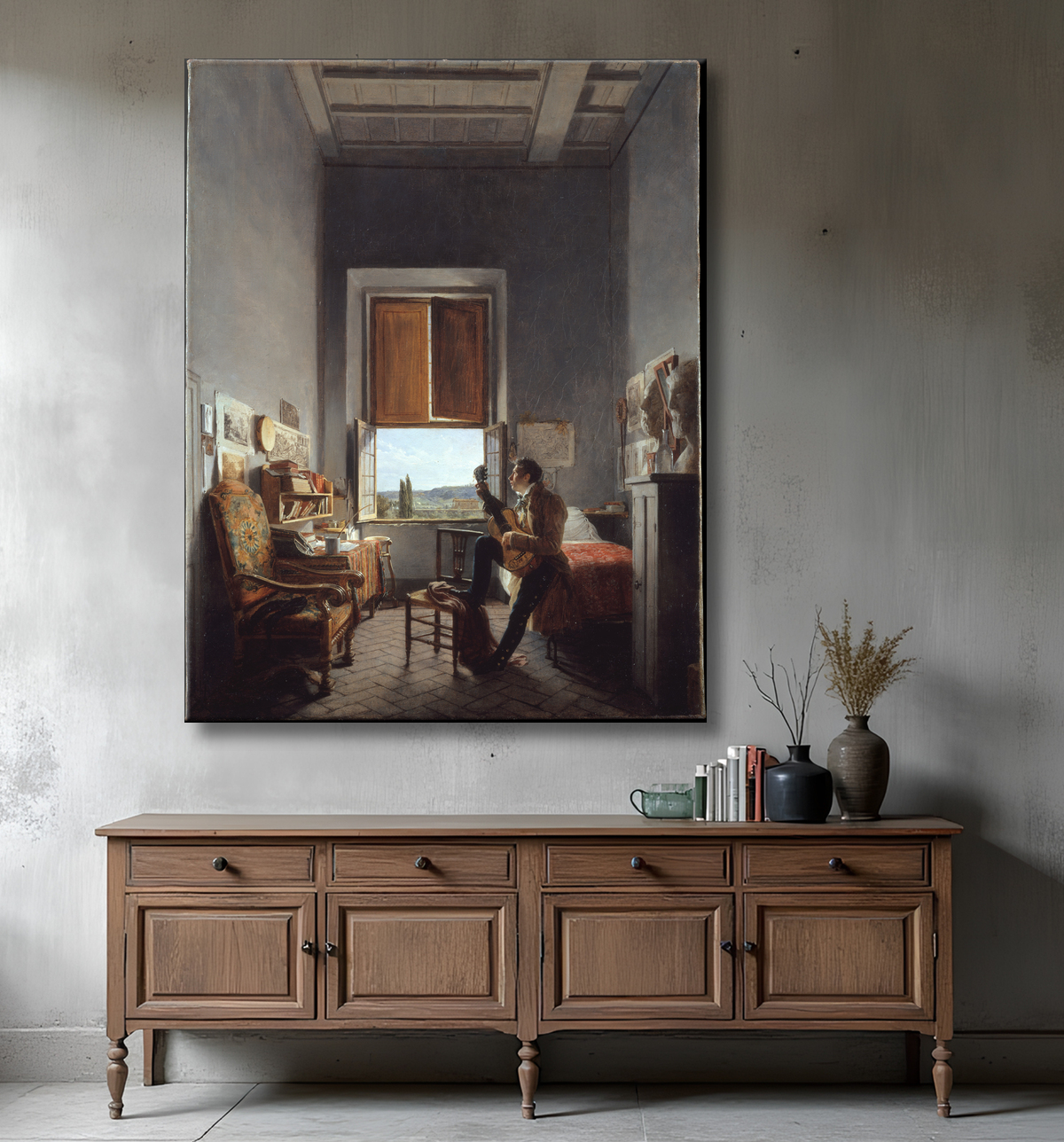 Reproduction Léon Pallière (1787-1820) dans sa chambre à la Villa Médicis, Rome de Jean Alaux avec decor