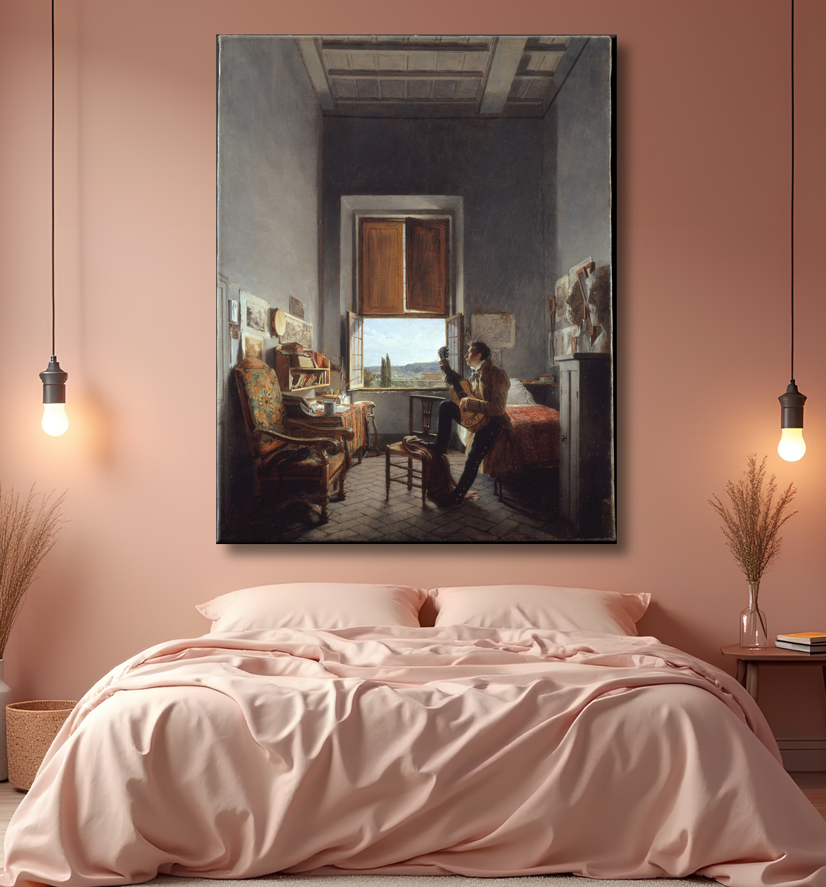 Reproduction Léon Pallière (1787-1820) dans sa chambre à la Villa Médicis, Rome de Jean Alaux avec decor