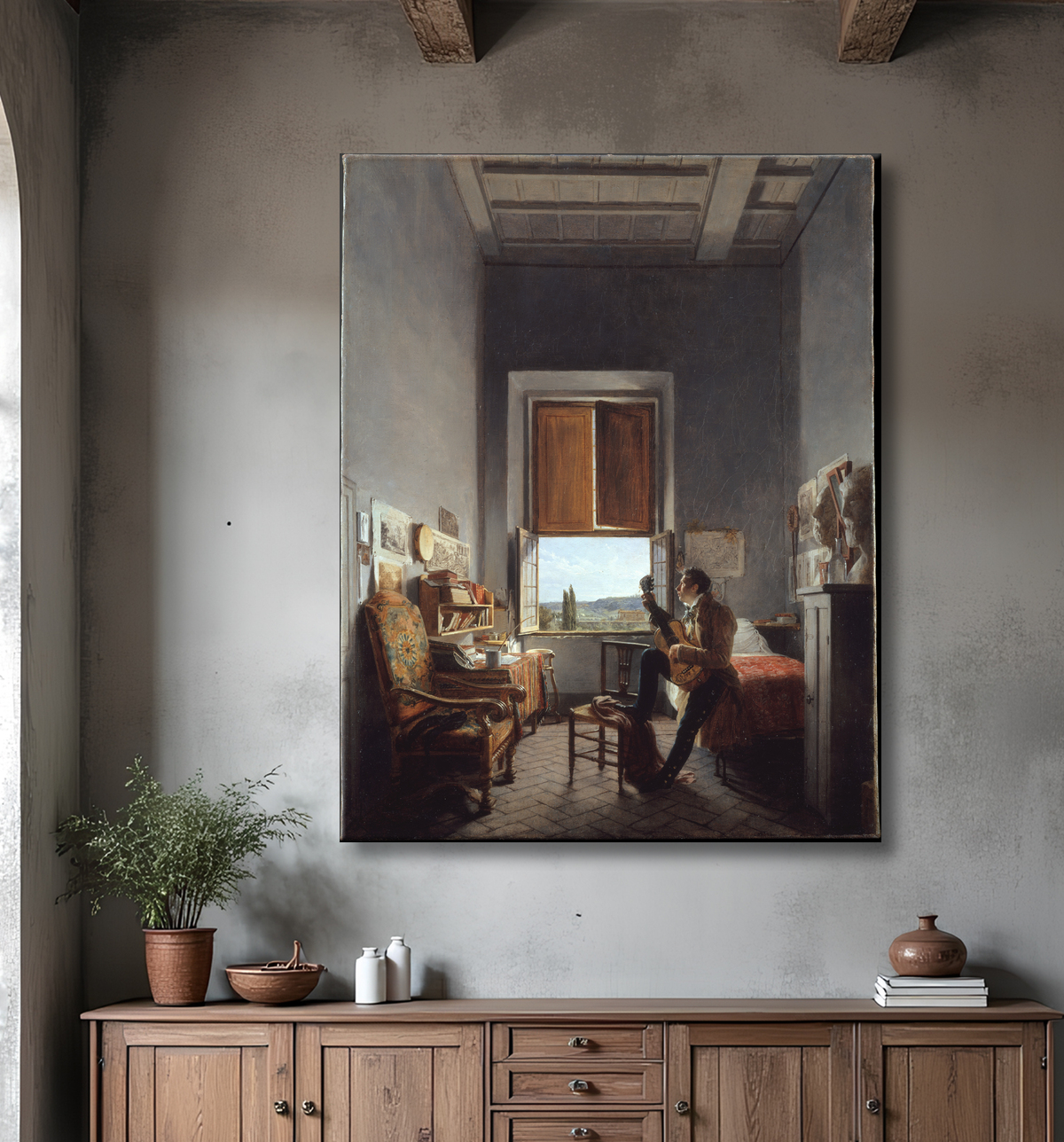 Reproduction Léon Pallière (1787-1820) dans sa chambre à la Villa Médicis, Rome de Jean Alaux avec decor