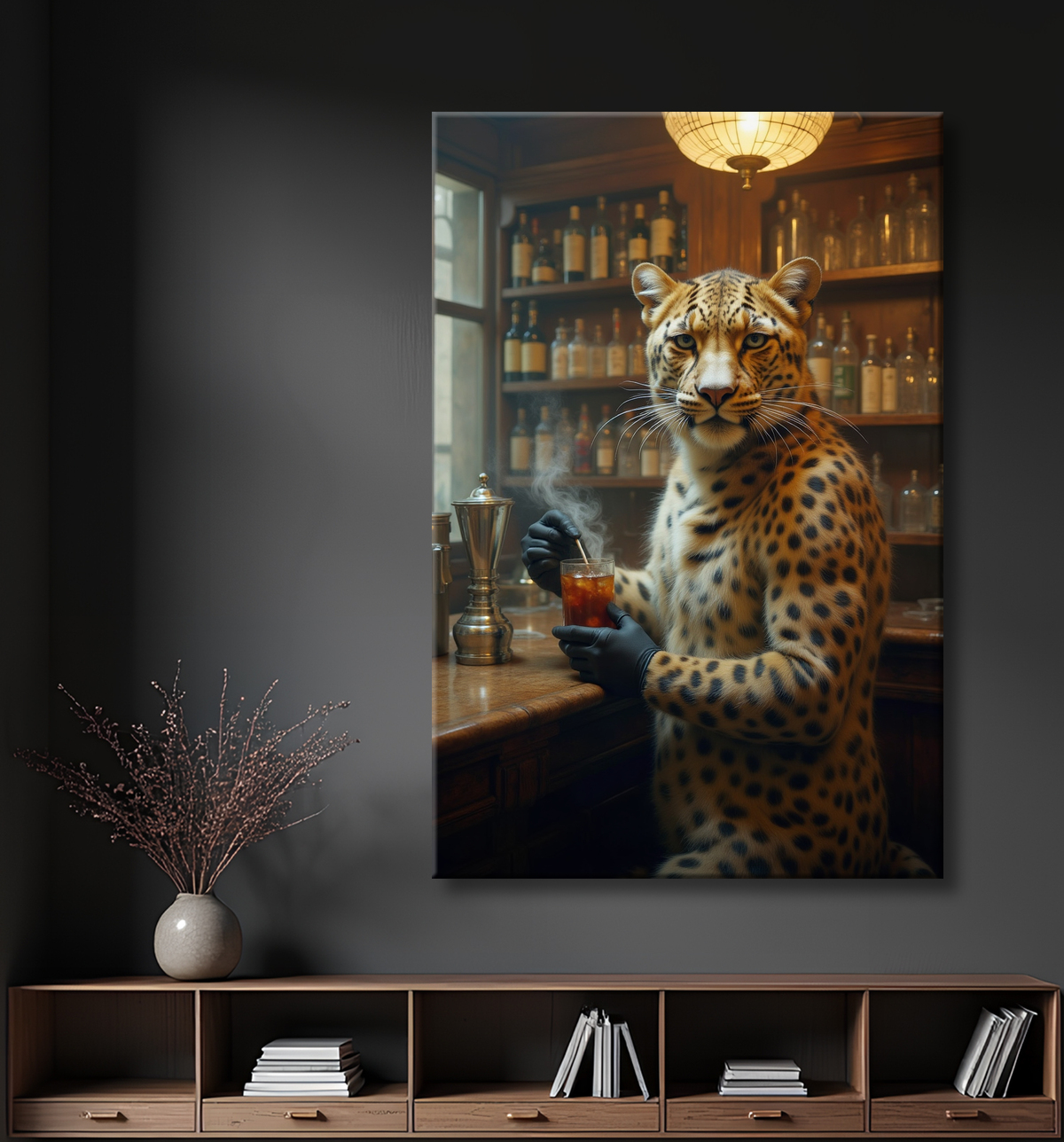 Tableau léopard serveur vintage - Animal anthropomorphe élégant dans un bar rétro avec decor
