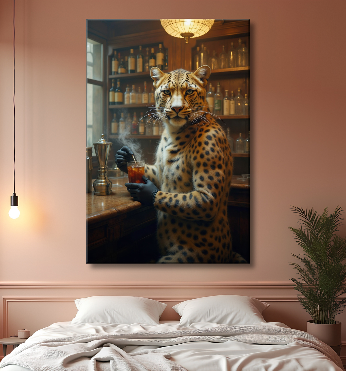 Tableau léopard serveur vintage - Animal anthropomorphe élégant dans un bar rétro avec decor