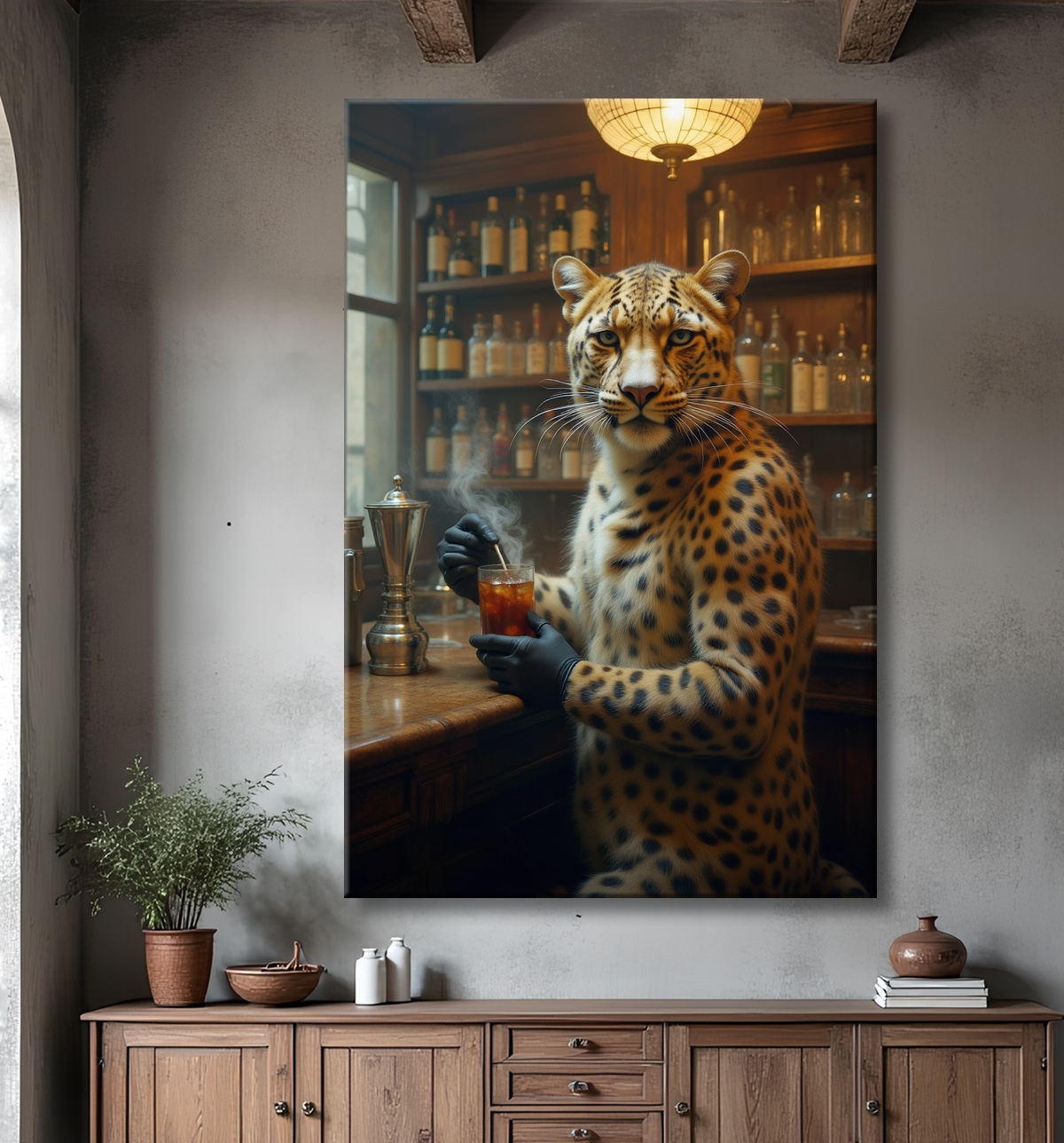 Tableau léopard serveur vintage - Animal anthropomorphe élégant dans un bar rétro avec decor
