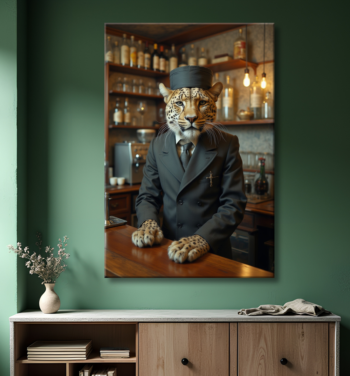 Tableau léopard serveur vintage - Animal anthropomorphe élégant dans un bar rétro avec decor