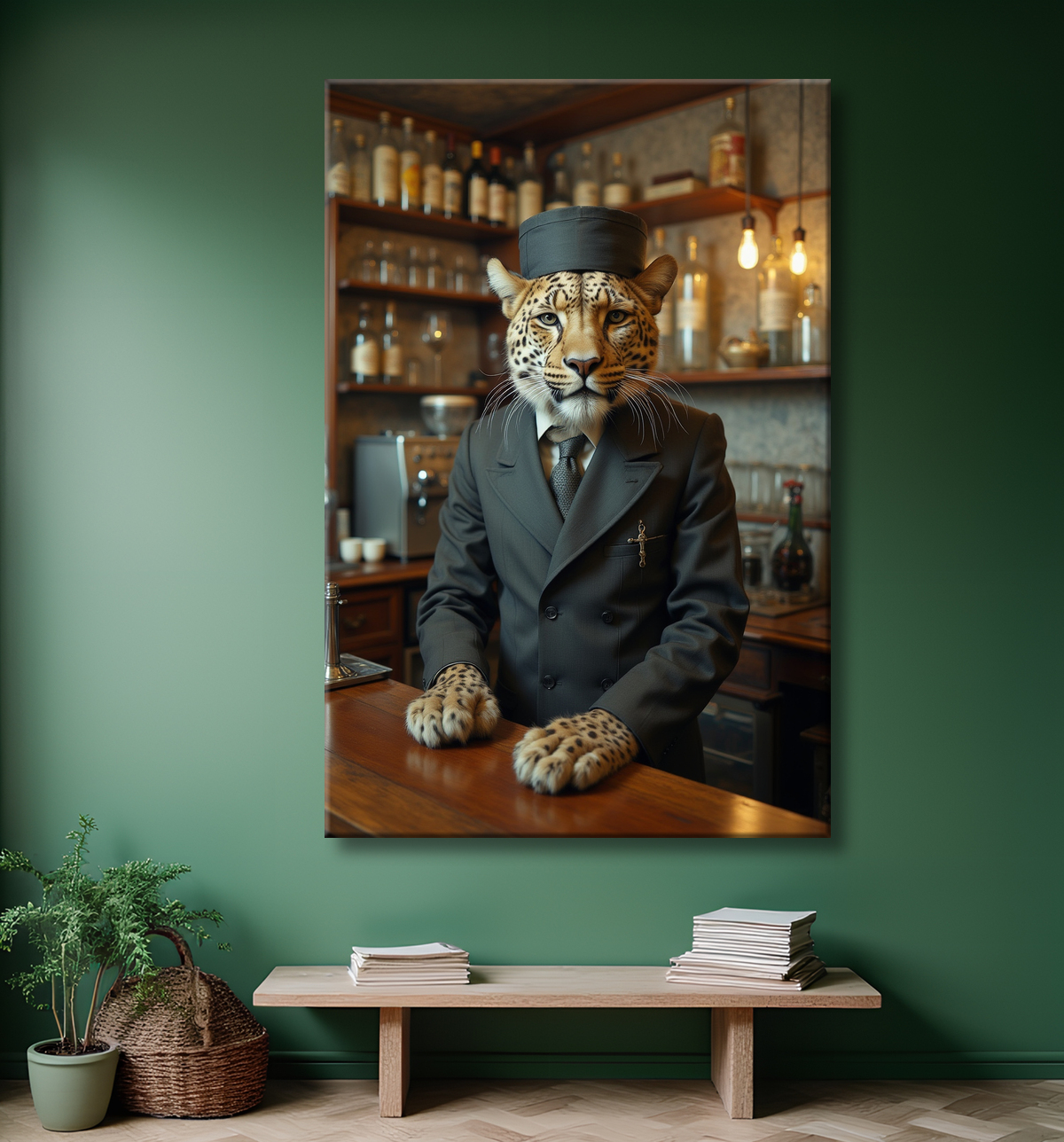 Tableau original d’un léopard en serveur distingué dans une ambiance de bar vintage. Illustration chic, dynamique et décalée, uniquement disponible chez DECOTAB.