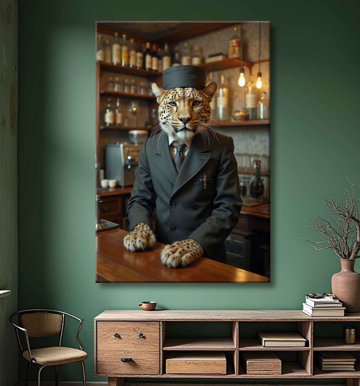 Tableau léopard serveur vintage - Animal anthropomorphe élégant dans un bar rétro avec decor