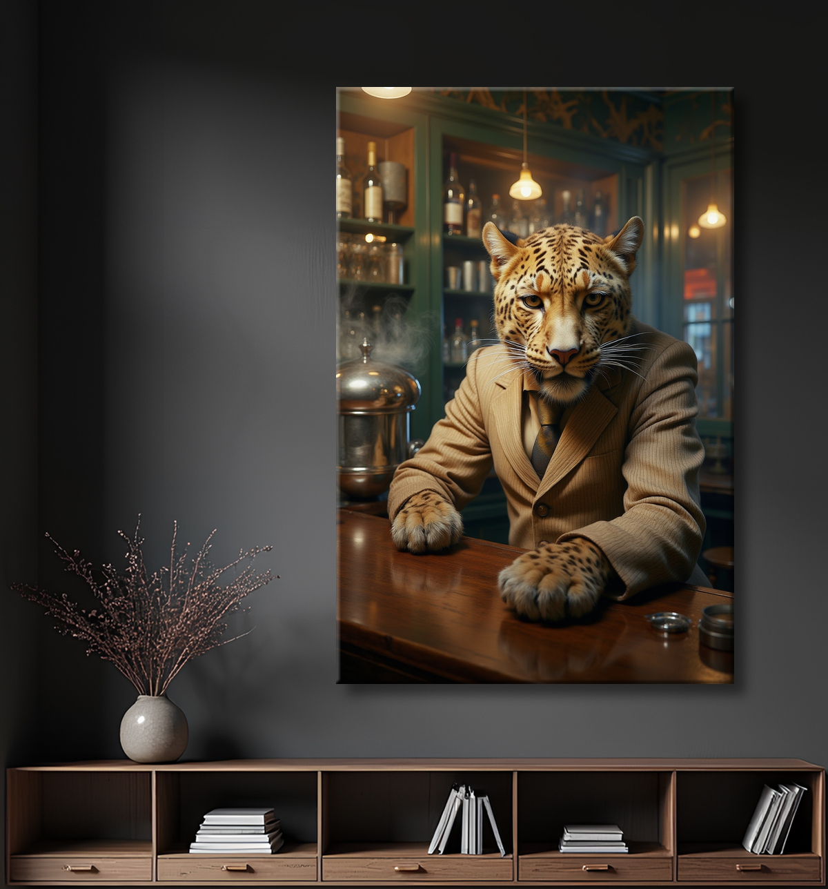 Tableau léopard serveur vintage - Animal anthropomorphe élégant dans un bar rétro avec decor