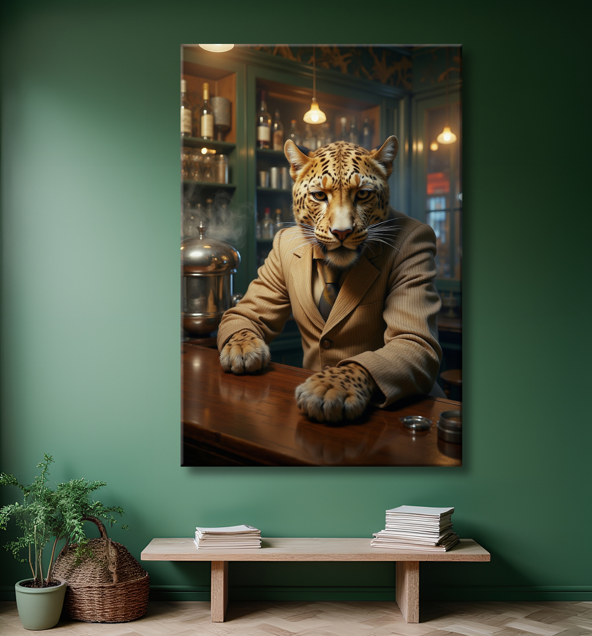 Tableau léopard serveur vintage - Animal anthropomorphe élégant dans un bar rétro avec decor