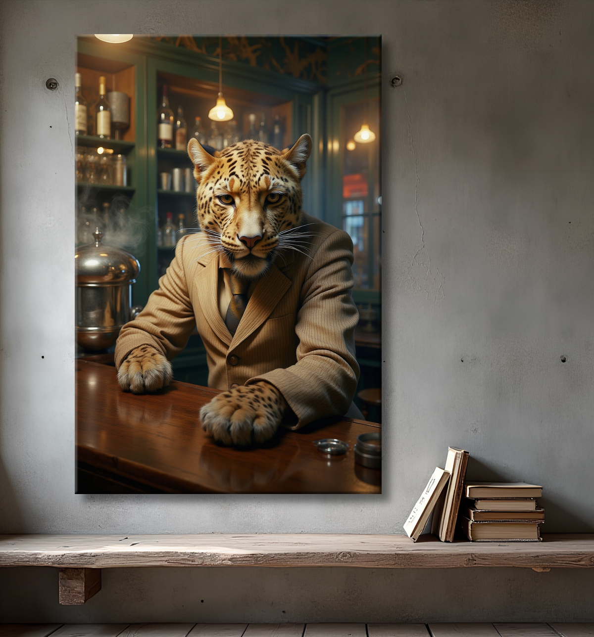 Tableau léopard serveur vintage - Animal anthropomorphe élégant dans un bar rétro avec decor