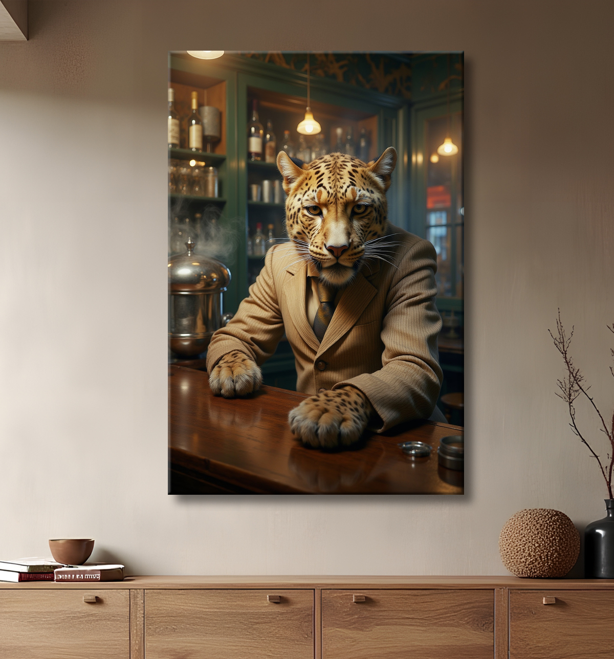 Tableau léopard serveur vintage - Animal anthropomorphe élégant dans un bar rétro avec decor