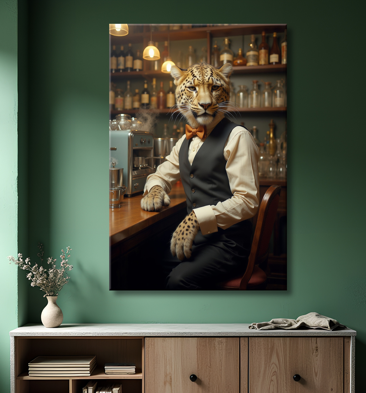 Tableau léopard serveur vintage - Animal anthropomorphe élégant dans un bar rétro avec decor