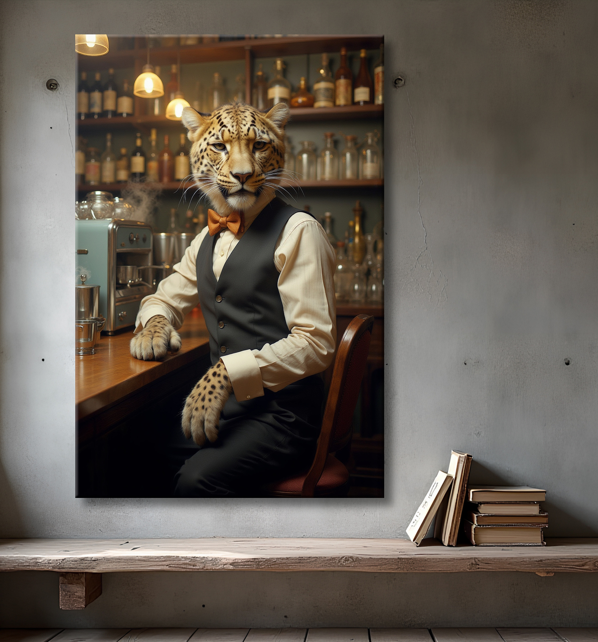 Tableau léopard serveur vintage - Animal anthropomorphe élégant dans un bar rétro avec decor