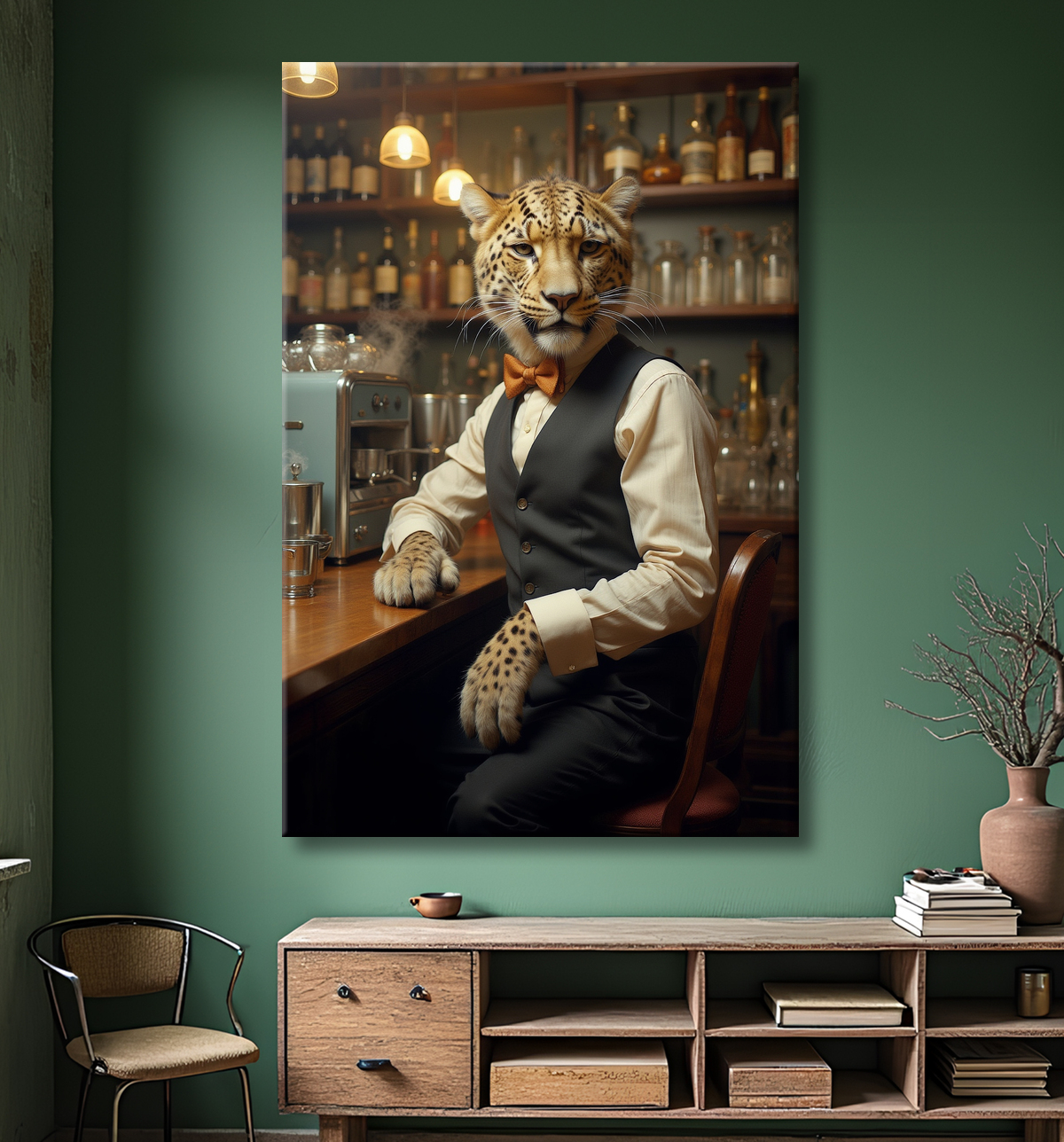 Tableau léopard serveur vintage - Animal anthropomorphe élégant dans un bar rétro avec decor