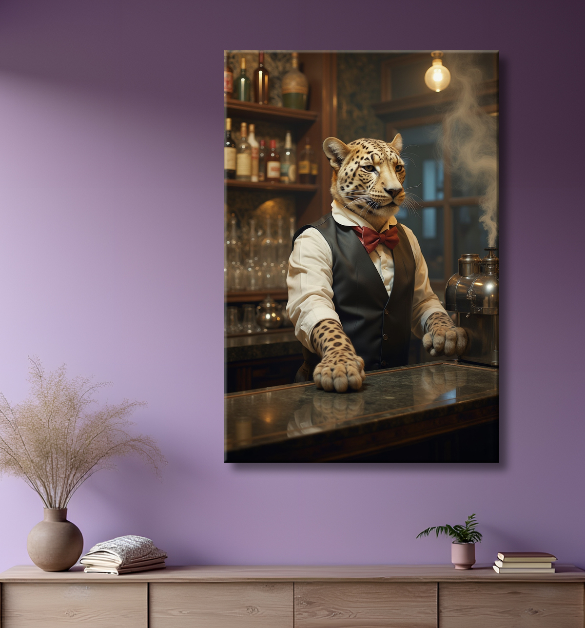 Tableau léopard serveur vintage - Animal anthropomorphe élégant dans un bar rétro avec decor