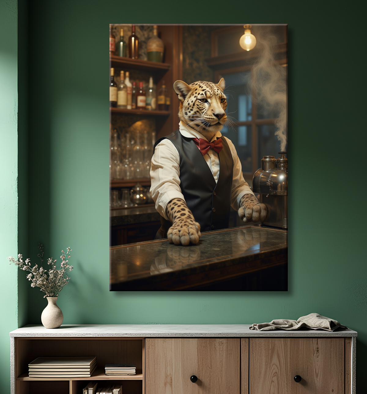 Tableau léopard serveur vintage - Animal anthropomorphe élégant dans un bar rétro avec decor