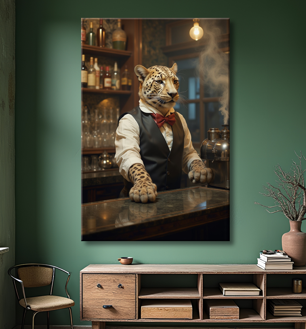 Tableau léopard serveur vintage - Animal anthropomorphe élégant dans un bar rétro avec decor