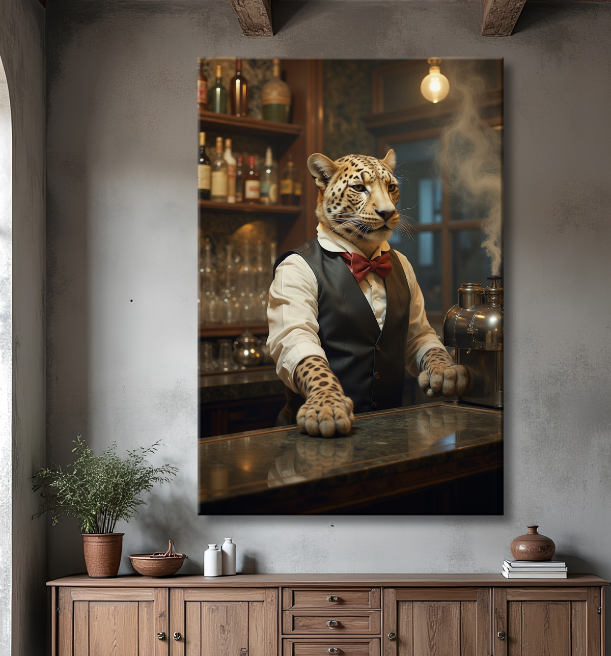 Tableau léopard serveur vintage - Animal anthropomorphe élégant dans un bar rétro avec decor