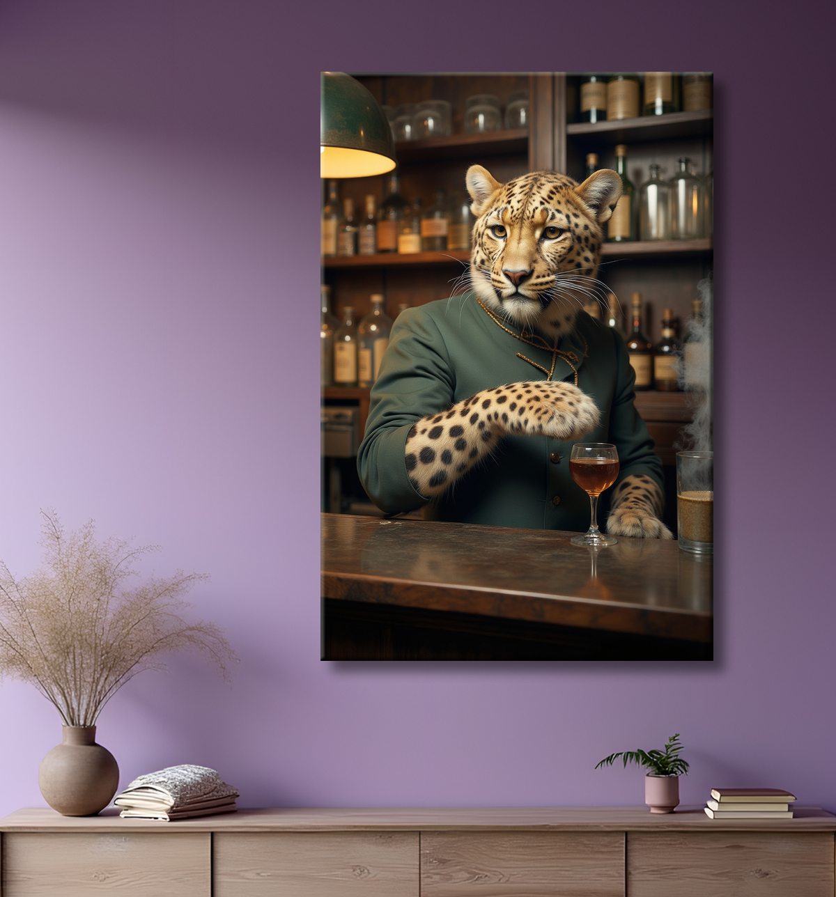 Tableau léopard serveur vintage - Animal anthropomorphe élégant dans un bar rétro avec decor