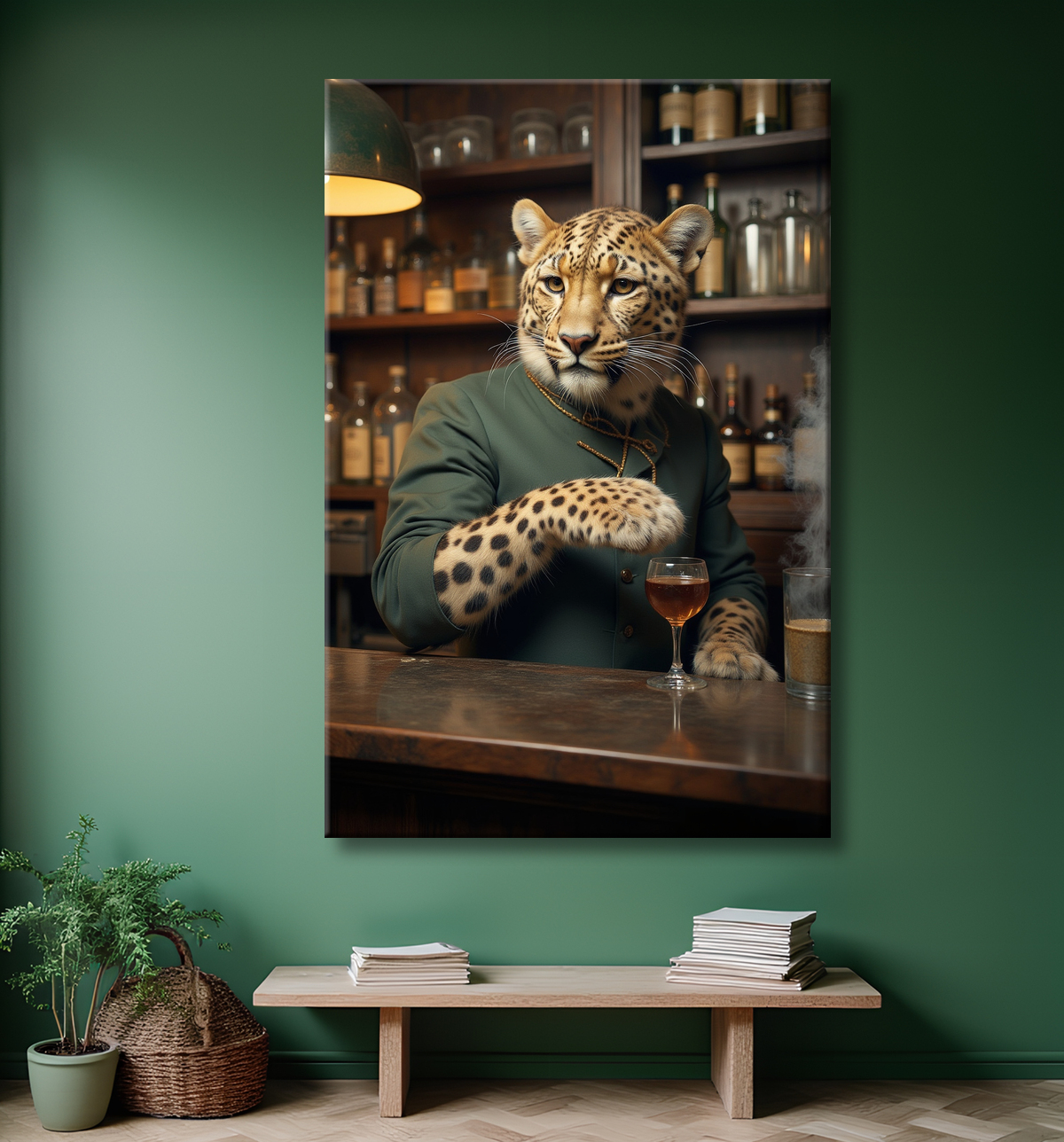 Tableau léopard serveur vintage - Animal anthropomorphe élégant dans un bar rétro avec decor
