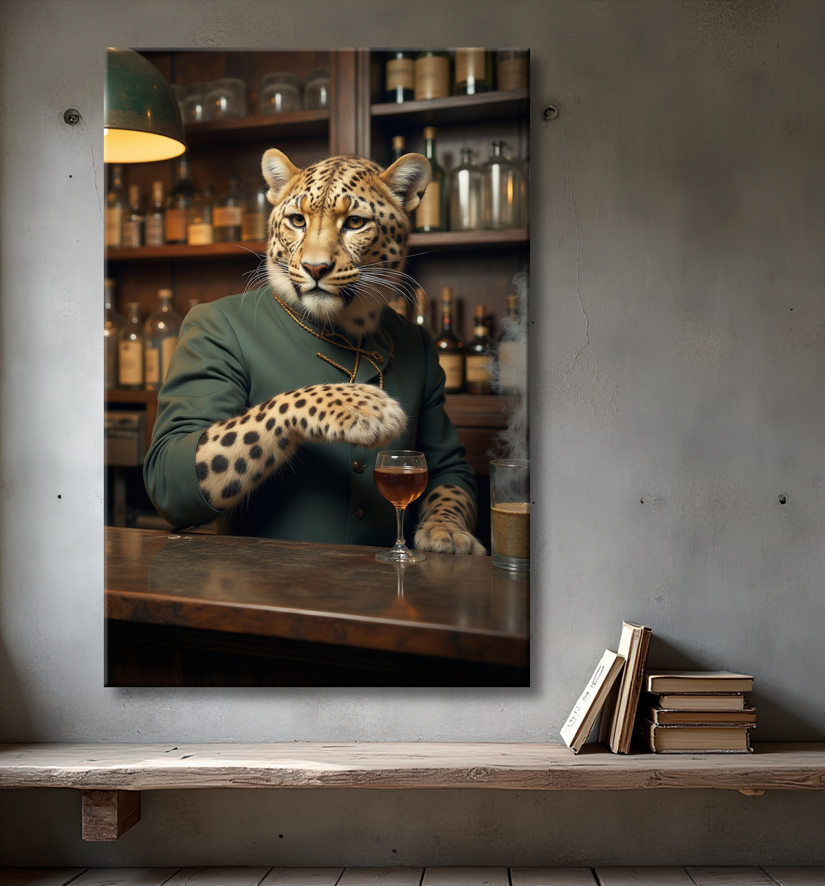 Tableau léopard serveur vintage - Animal anthropomorphe élégant dans un bar rétro avec decor