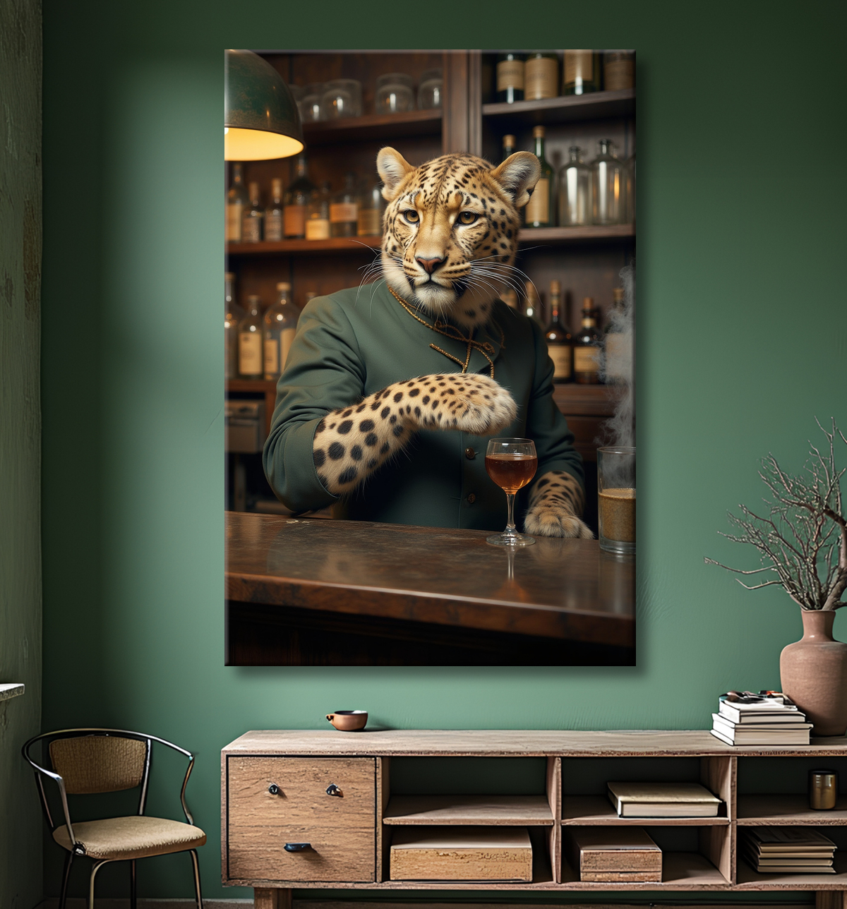 Tableau léopard serveur vintage - Animal anthropomorphe élégant dans un bar rétro avec decor