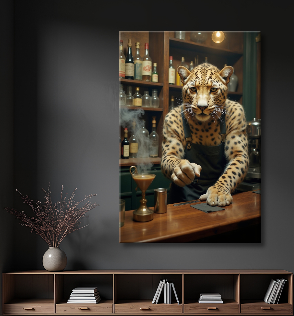 Tableau léopard serveur vintage - Animal anthropomorphe élégant dans un bar rétro avec decor