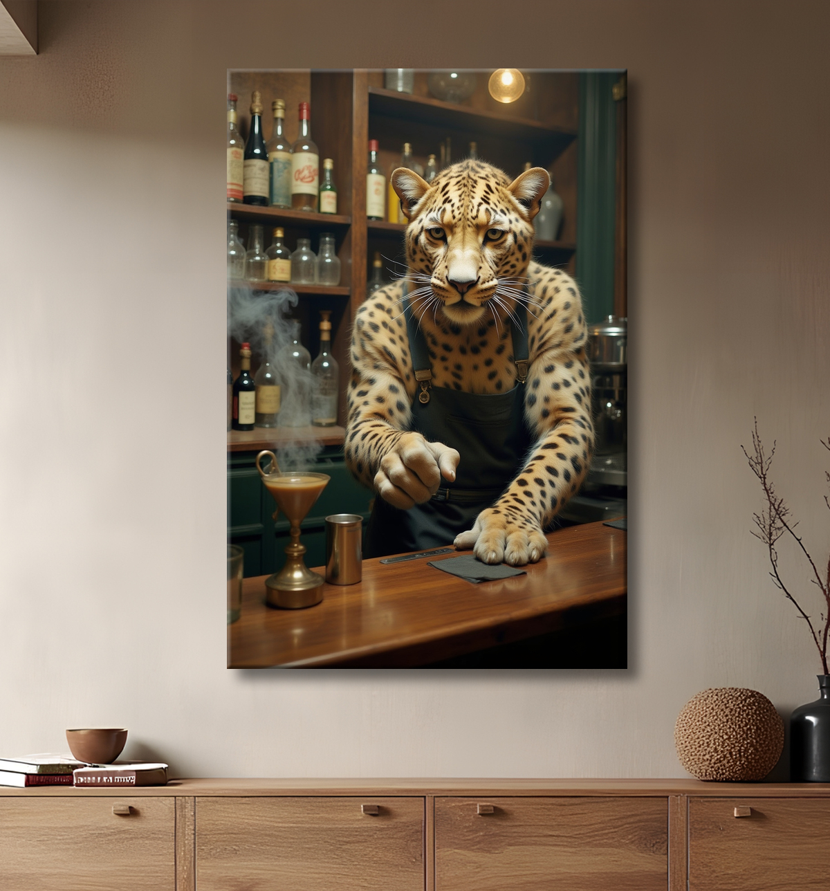 Tableau léopard serveur vintage - Animal anthropomorphe élégant dans un bar rétro avec decor