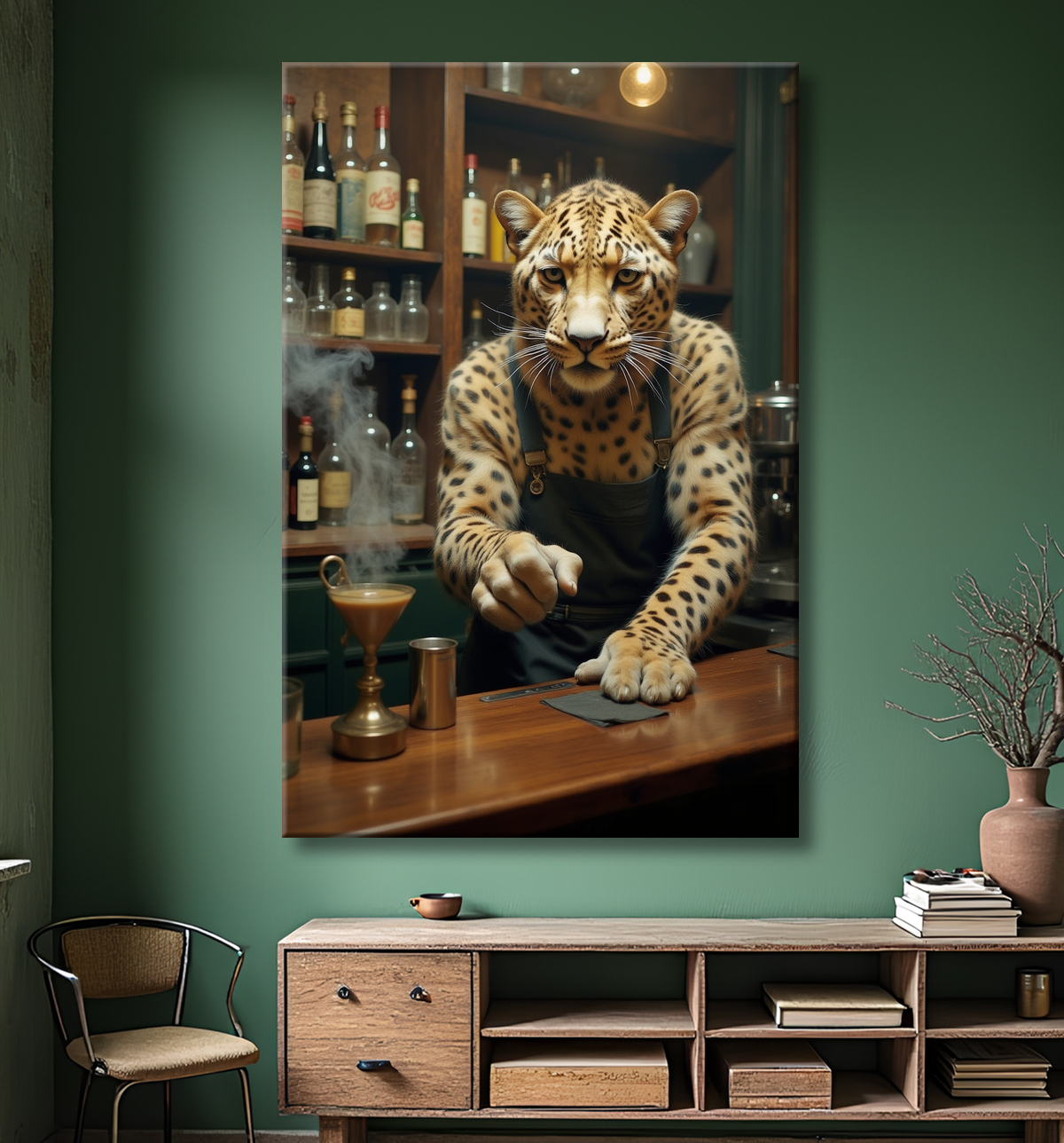 Tableau léopard serveur vintage - Animal anthropomorphe élégant dans un bar rétro avec decor