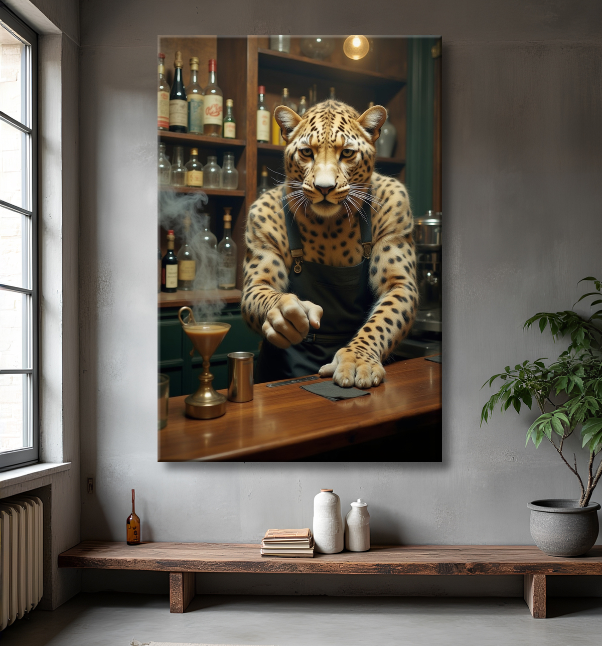 Tableau léopard serveur vintage - Animal anthropomorphe élégant dans un bar rétro avec decor