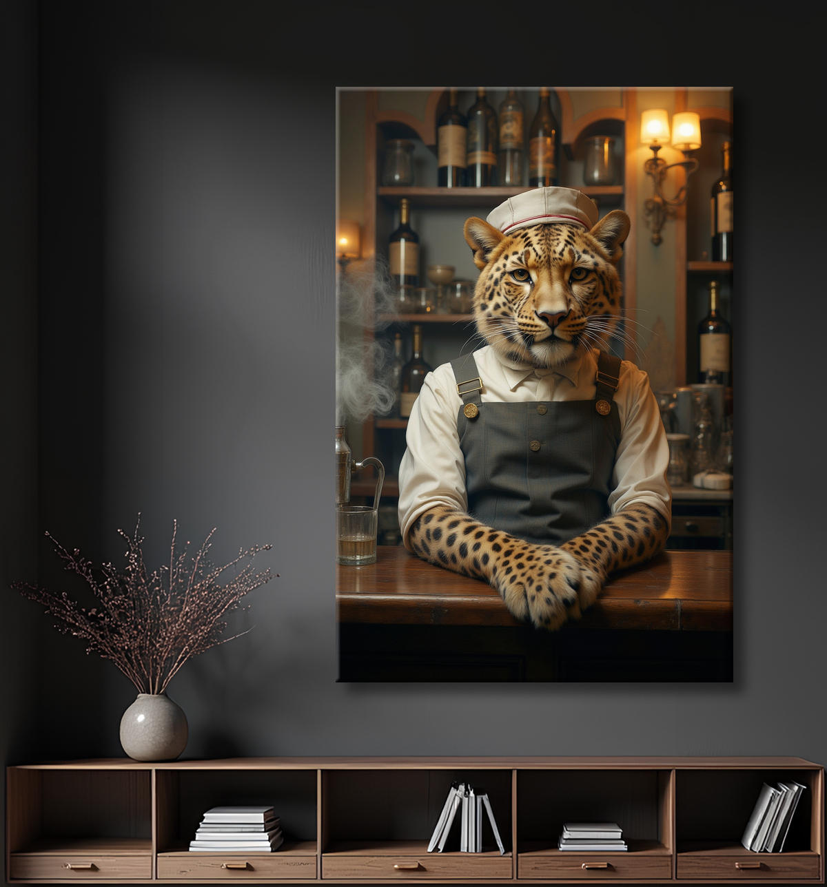 Tableau léopard serveur vintage - Animal anthropomorphe élégant dans un bar rétro avec decor